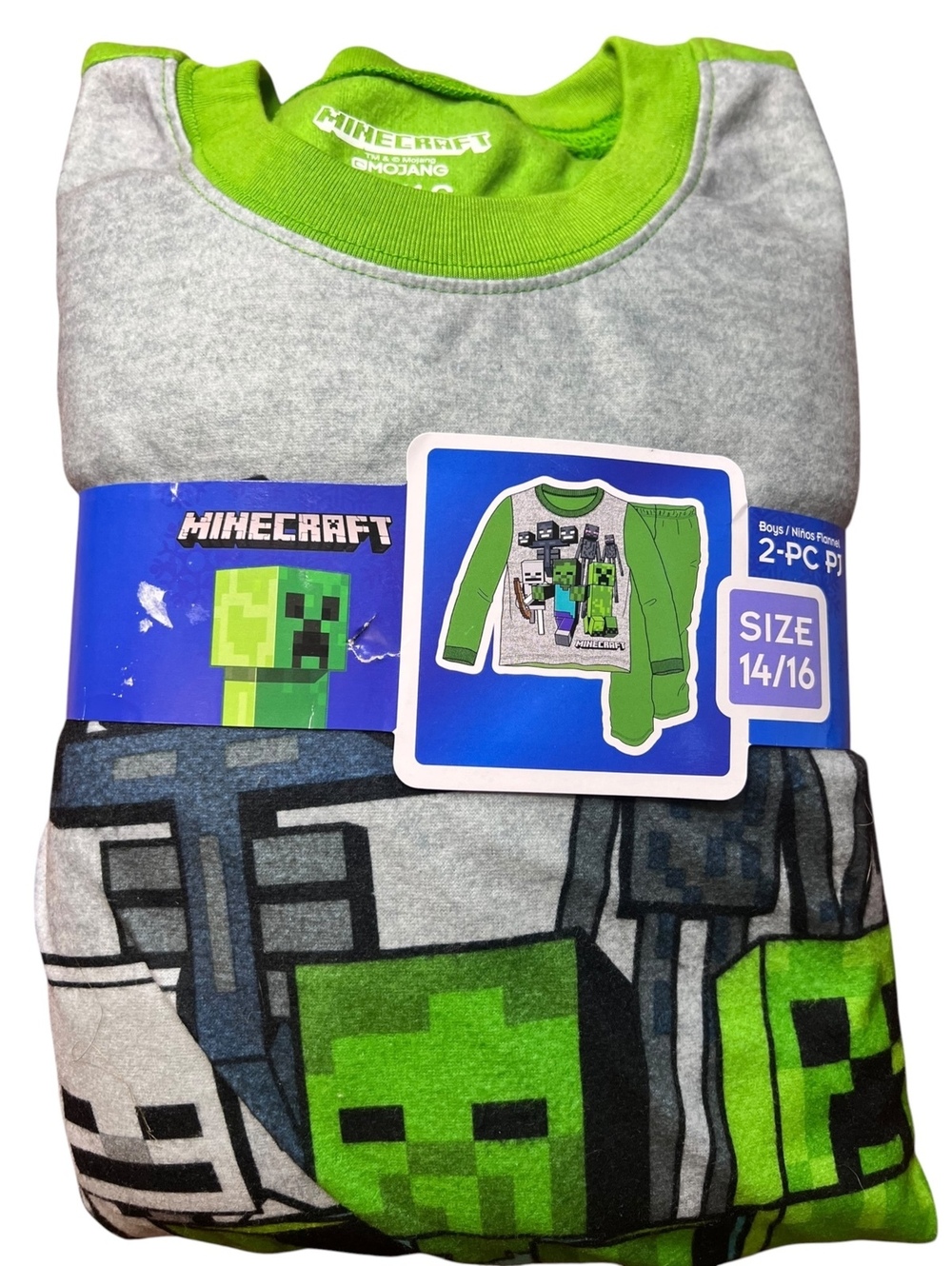NWT Minecraft Boys 2-Piece Flannel Pajama Set Creeper Skeleton Grey Green 14/16